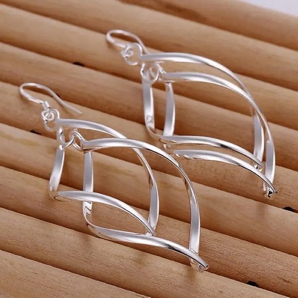 925 Sterling Silver Long Drop Hoop Earrings - Picture 3 of 5